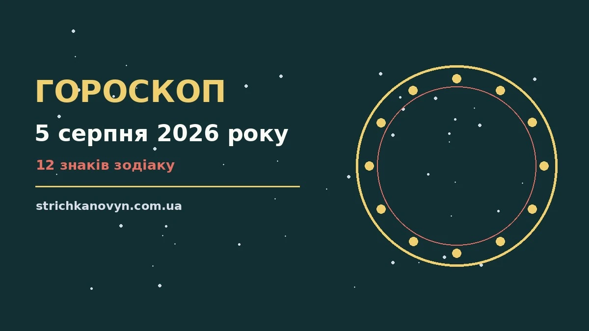 Гороскоп на 5 серпня 2026 року, ілюстрація нічного неба із сузір’ями та кольоровою сіткою знаків