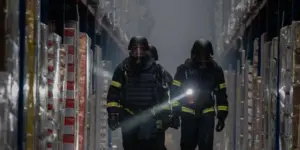 Рятувальники ДСНС біля пожежного автомобіля на місці влучання в цивільну інфраструктуру у Вінниці